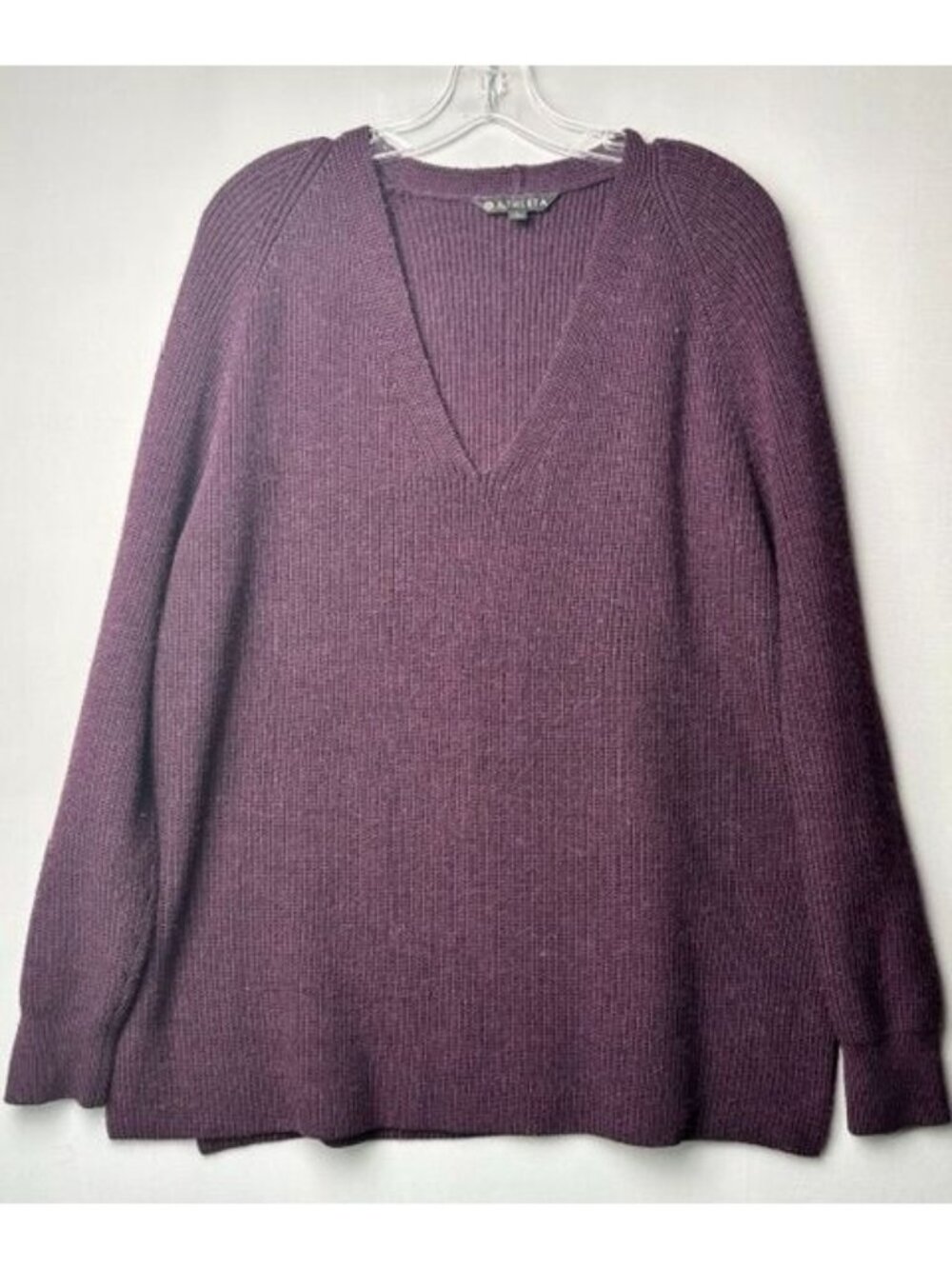Athleta Merino Wool Blend V Neck Sweater Purple Tunic Side Slit Cozy Large
